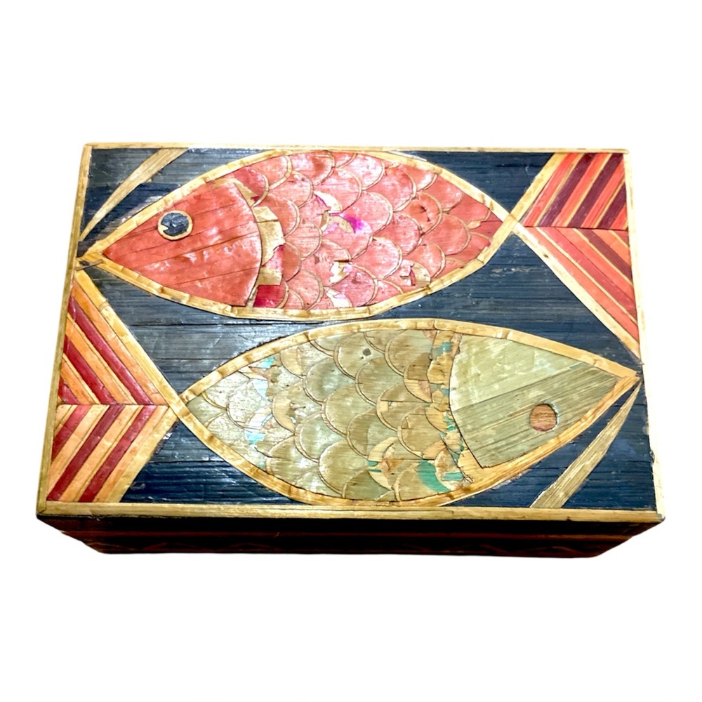 Handcrafted Wooden Trinket Box Colored Fish Inlay Vintage Decorative Jewelry Box